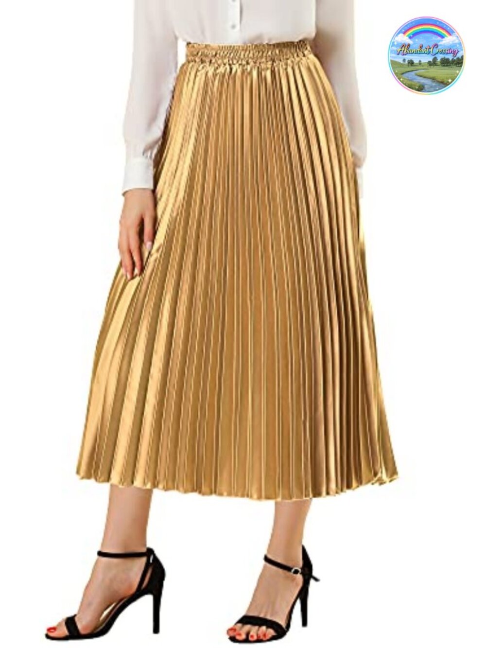 Pleated Midi Skirt High Waisted A-Line Metallic Party Skirt